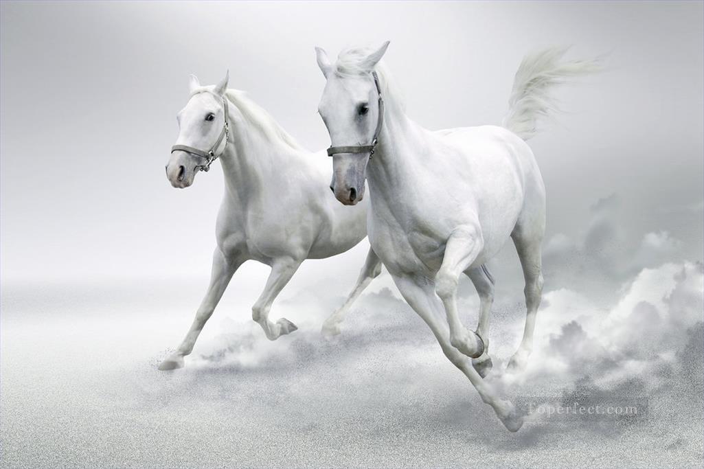 caballos blanco como la nieve corriendo blanco y negro Pintura al óleo